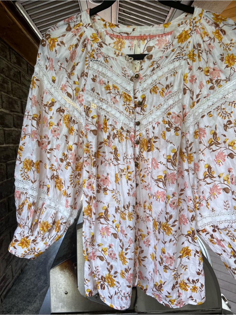 Anthropologie White Floral Lace-Trim Button Blouse with Pink & Mustard Flowers - Picture 2 of 3